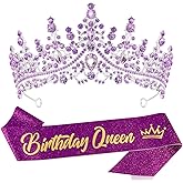VELSCRUN Birthday Queen Tiara Crowns for Women Girls Purple Crystal Birthday Queen Headband Sash Elegant Princess Crown Happy Birth Party Decorations Mom Sisters Birth Gift Hair Accessories