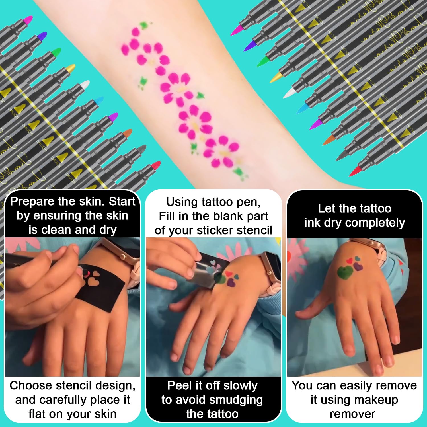 Jim&Gloria Body Art Tattoo Pen Dual Tip 10 Colors with GOLD SILVER Temporary Tattoo Markers Skin Pen Body Markers Skin Marker Face Paint Kids Teen Girl Gifts Trendy Stuff 8 9 10 11 12 13 14 Years Old