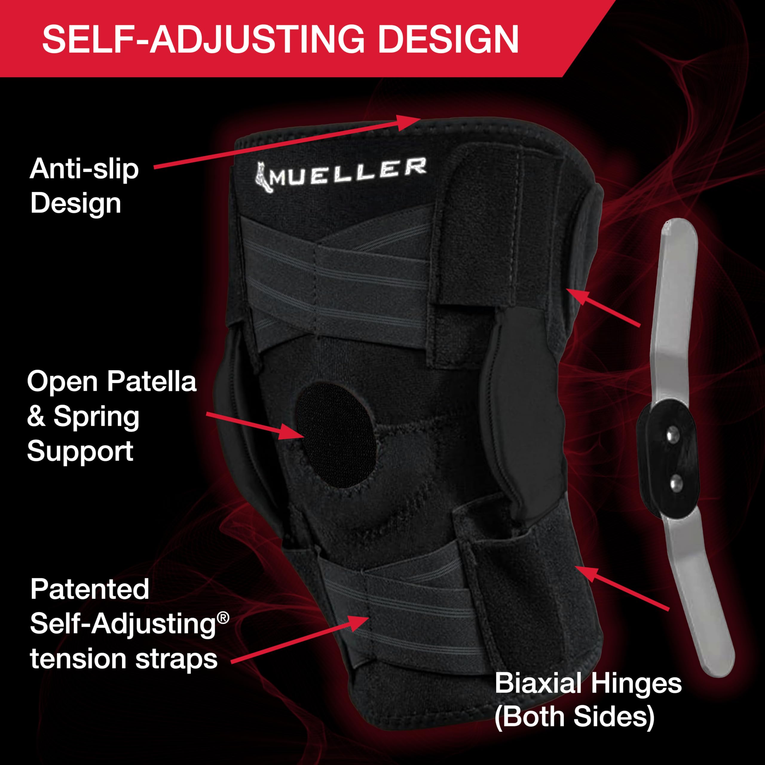 MUELLER Sports Medicine Self Adjusting Hinged Knee Brace for Men and Women, Knee Stabilizer for Compression and Pain Relief Support, Ideal for Arthritis, Sprains, Black, One Size