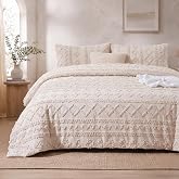 Tranqun 3 Pcs King Size Boho Duvet Cover Set Tufted Cream Bedding, Vintage Embroidery Jacquard Textured Soft Breathable All S