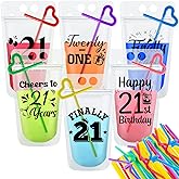 Hotop 24 Set Happy 21st Birthday Drink Pouch Cups with Straws Cheer to 21 Years Plastic Beverage Juice Bags Reclosable Zipper Stand up for Adults Kids Party Favors Supplies