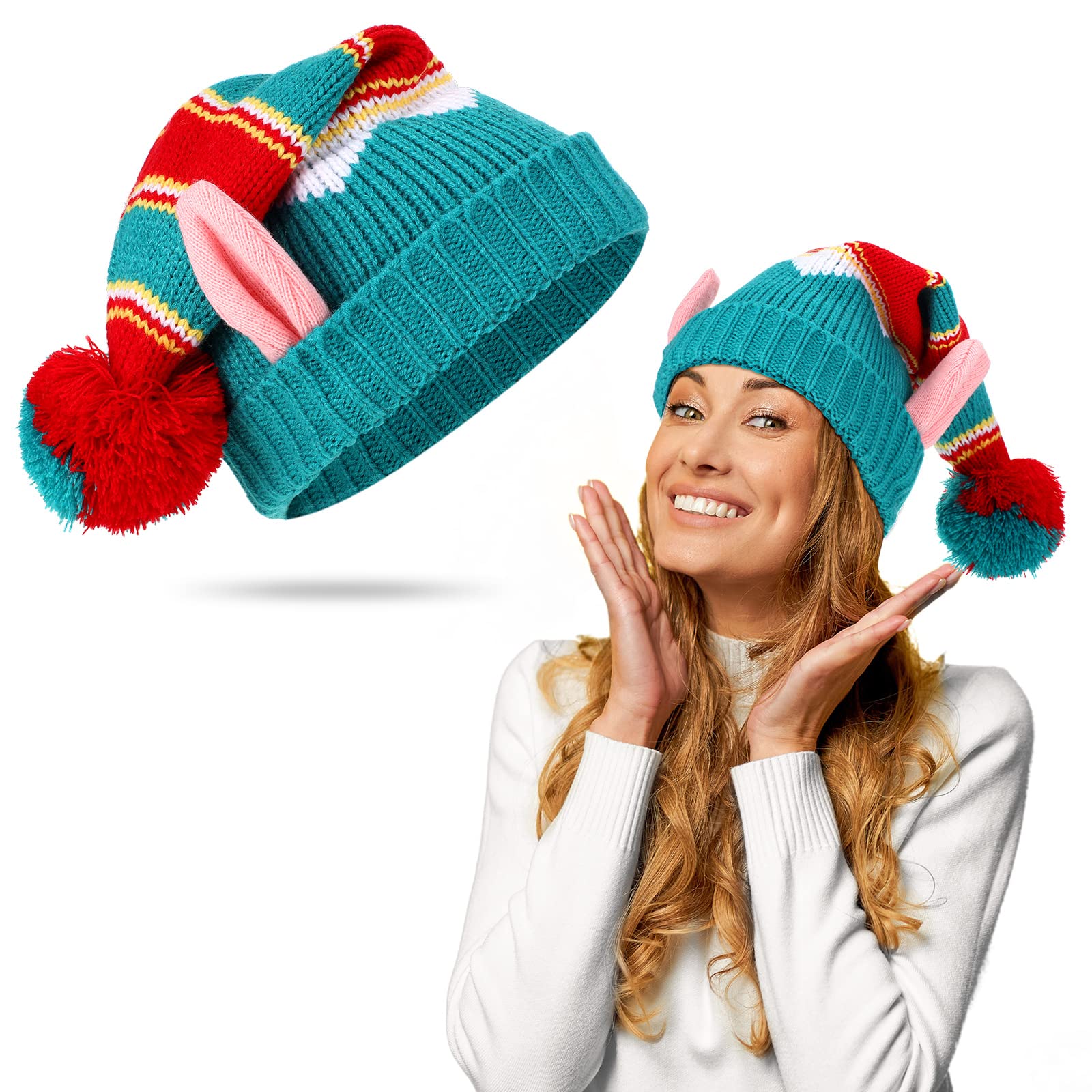 Christmas Elf Santa Hat for Adults - Elegant Knitted Warm Funny Beanie With Pom for Winter, New Year Party Holiday (Vivid Style)