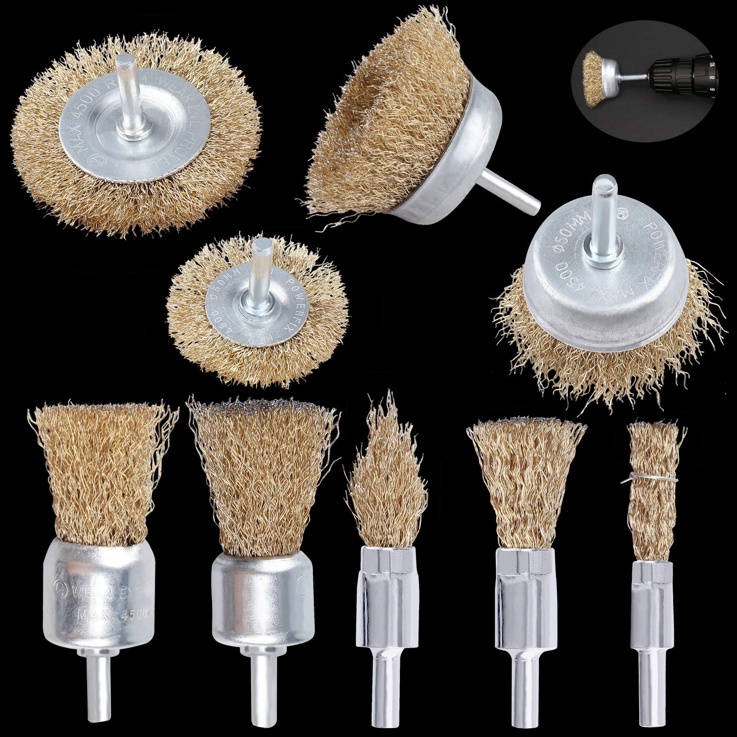 Wire Brush for Drill, 10pcs Brass Coated Wire Wheel for Drill, Multi Sizes Rotary Wire Brush Drill Attachment for Cleaning Rust,Removing Paint