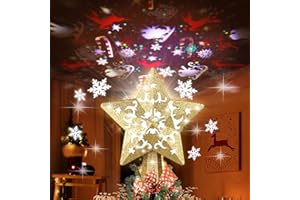 BAKOOR Christmas Tree Topper, Christmas Star Tree Topper Built-in LED Rotating Lights, Plug in 3D Golden Glittered Star Tree Topper for Xmas Party Holiday Decorations