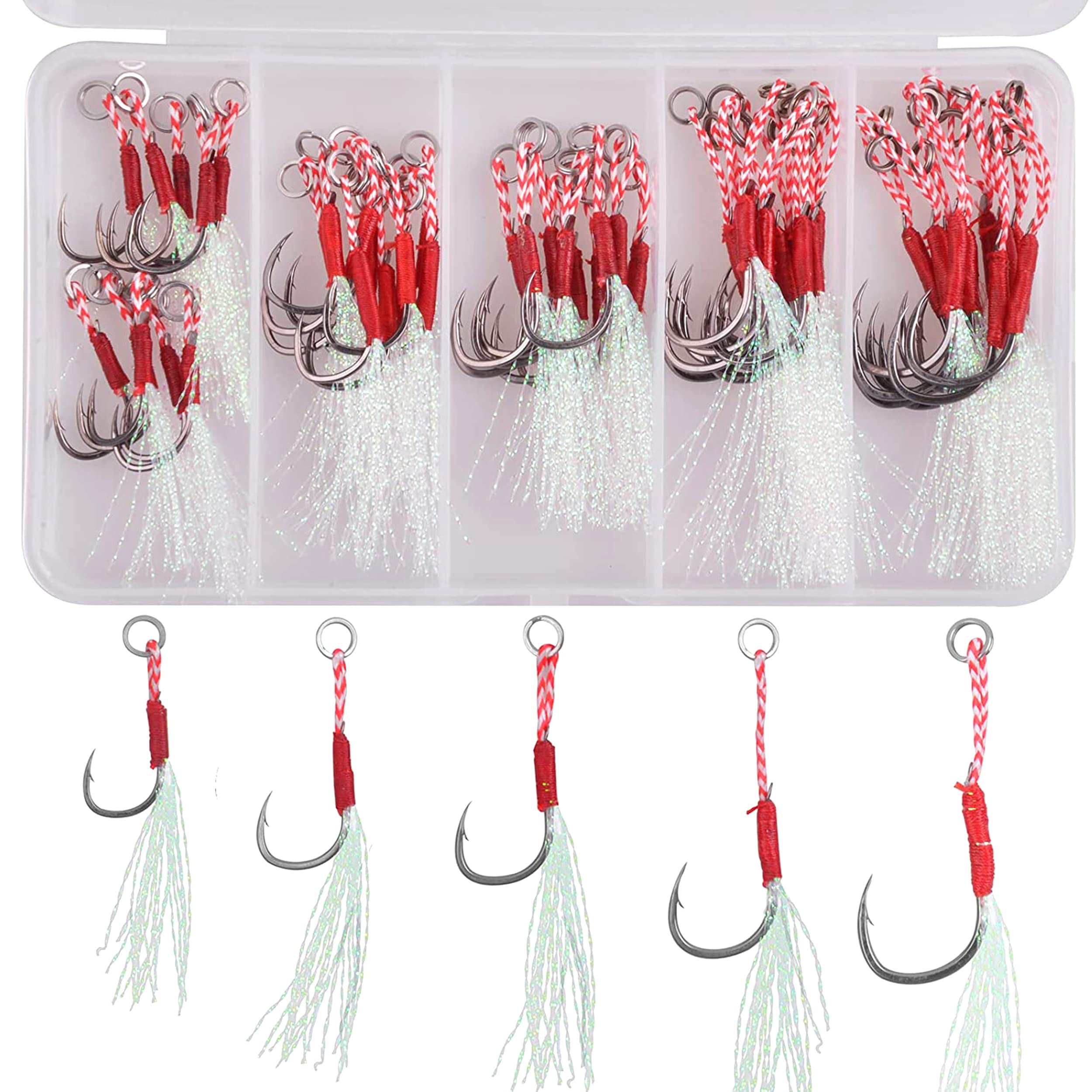 Assist Jig Fishing Hooks Kit, 50pcs Fishing Assist Hooks with Feather High Carbon Steel Sharp Jig Lures Hooks Slow Pitch Jig Hooks Set for Trolling (White Kit)