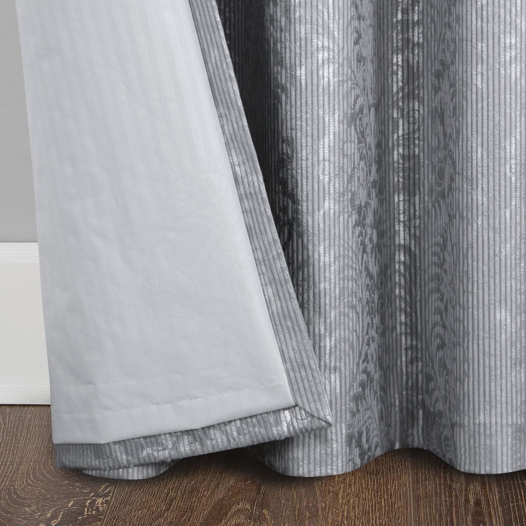 always4u 100% Blackout Curtains for Bedroom Thermal Insulated Velvet Curtain Eyelet Floral Silver Foil Print for Living Room Fully Lined Window Drapes 1 Pair Light Grey W46*L54 Inches