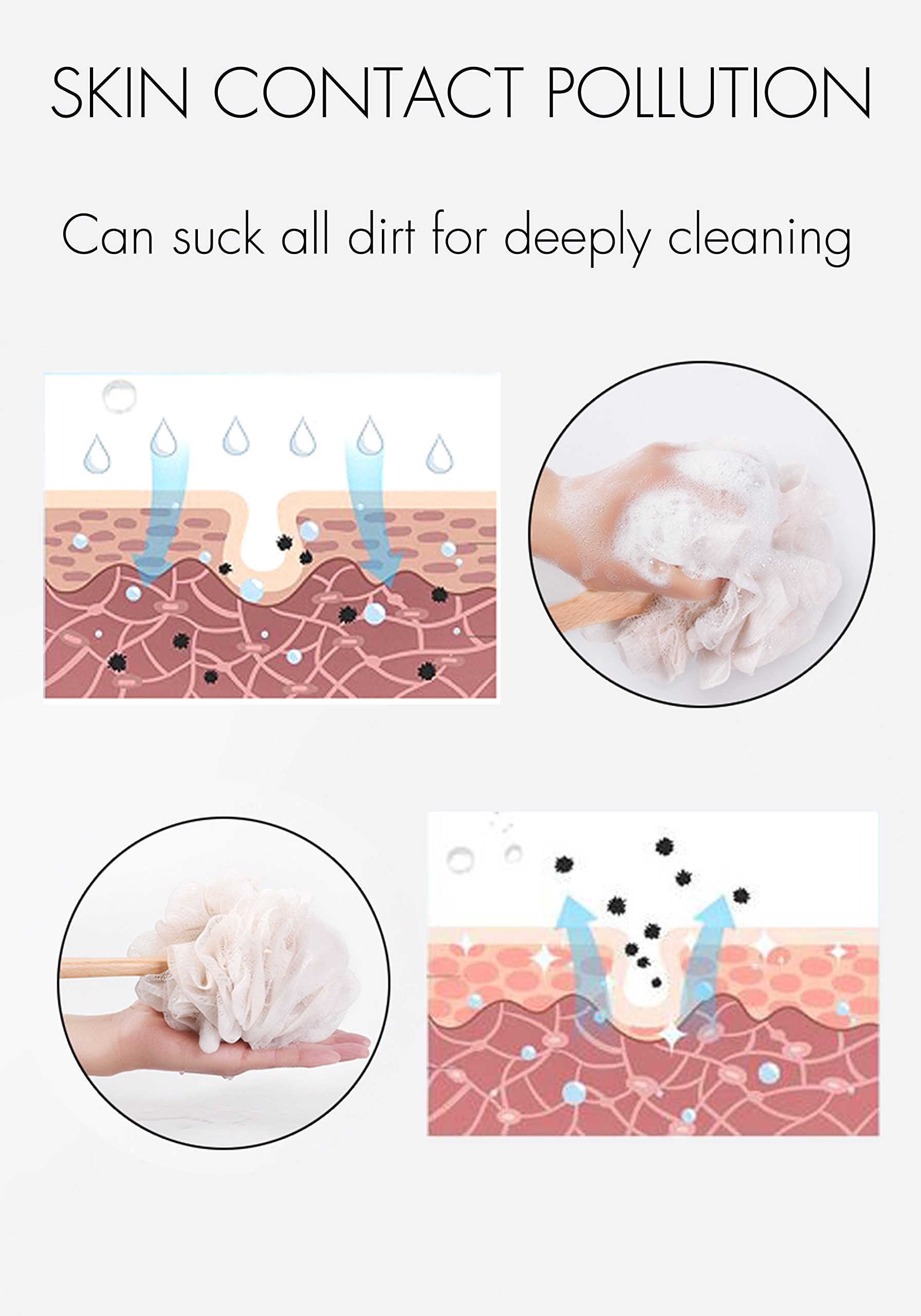 Bath Sponge & Brush Long Handled Loofah Back Scrubber Shower & Bath Exfoliating Pouf Scrubber on a Stick Body Back Brush with a Wood Handle Loofah Mesh for Men & Women By Krramel (Champagne)