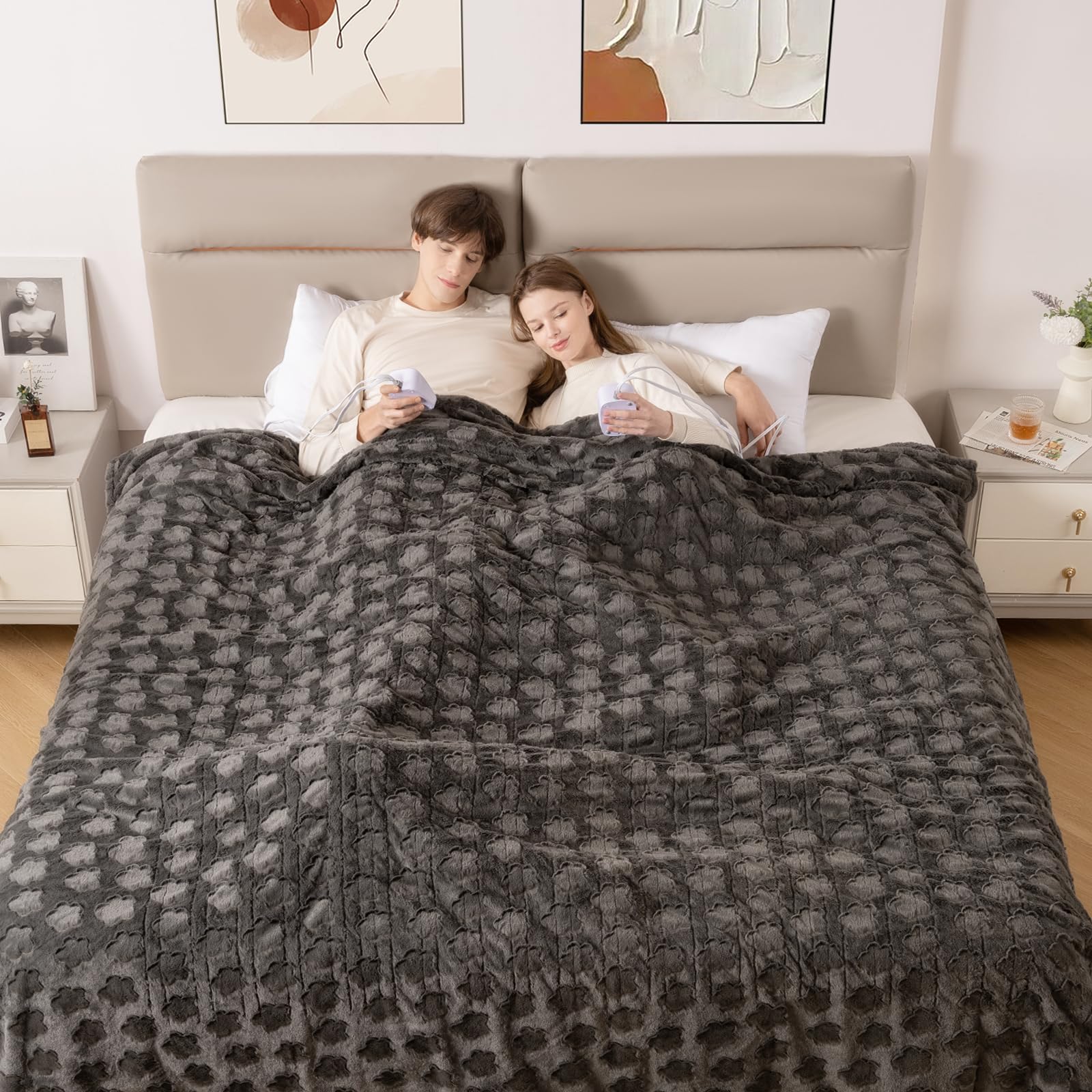 Photo 1 of Bearhug Electric Blanket King Size 100" x 90", Dual Controller Heated Blanket, Grey Flower Patterns Faux Fur & Warm Sherpa, 10-Heat Levels & 1-12H Auto Off,ETL, Machine Washable