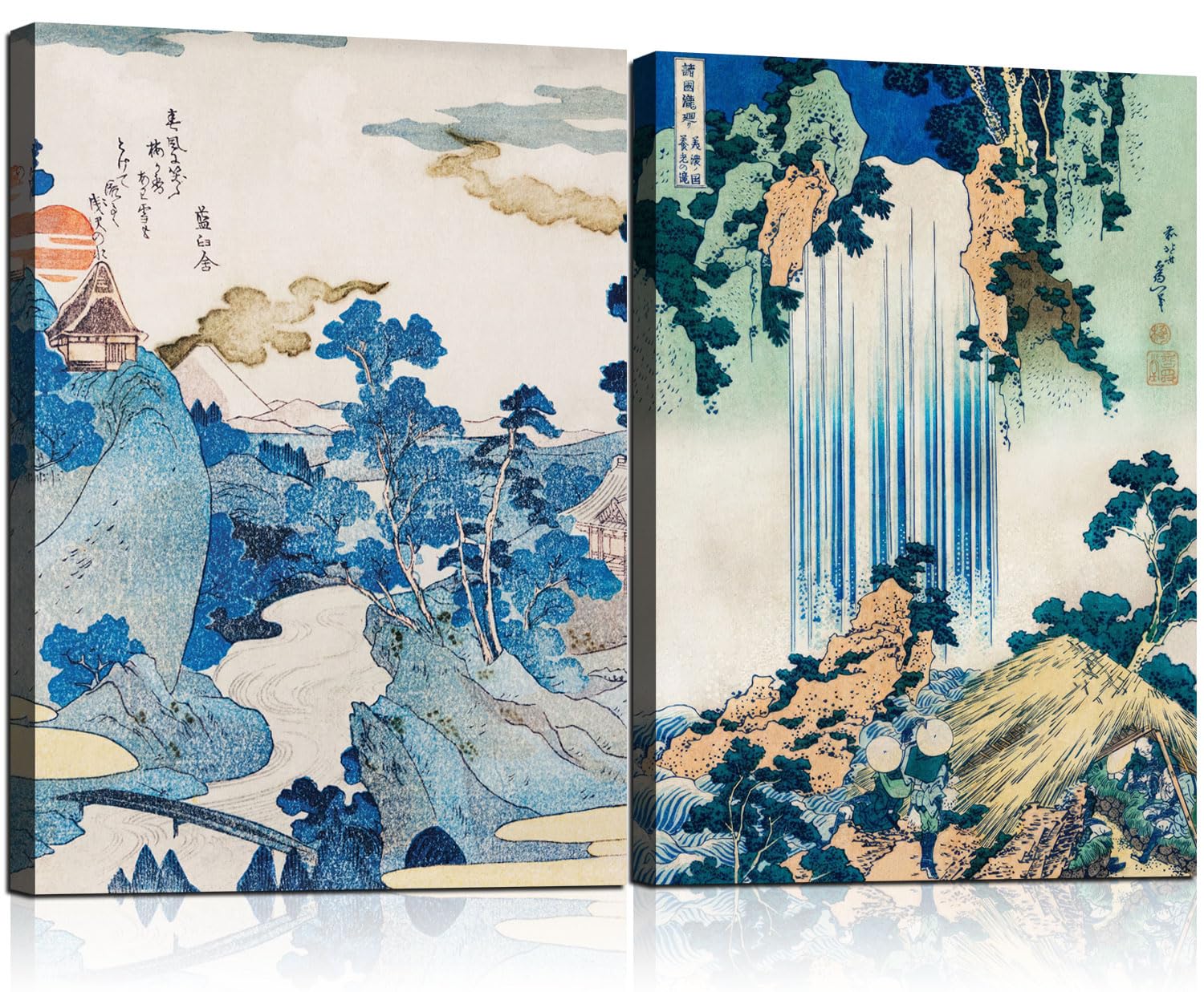 Photo 1 of 2Pcs Framed Landscape waterfall Japanese Ukiyo-e Wall Art Decor Canvas Print Picture Traditional Woodblock Print Style Poster Gallery Bedroom Living Room Office 16x24 Inch Ready to Hang