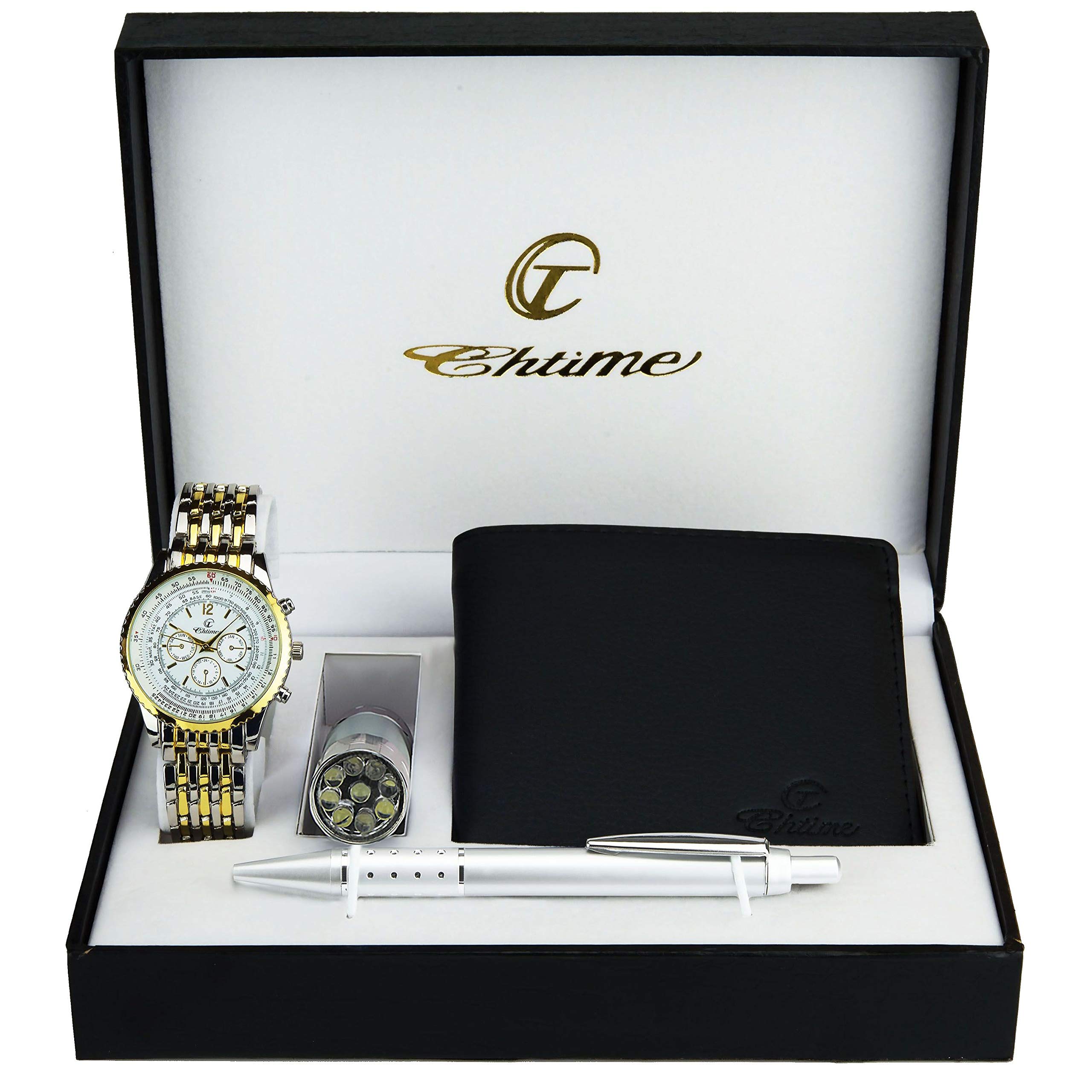 Men's Watch Gift Box – LED Lamp – Wallet – Pen and Bracelet, Silver Gold.