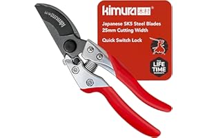 Kimura® 8" Pro Bypass Pruning Shears, Heavy Duty Japanese SK5 Steel Blades, 1 inch Cut Capacity, Non-Slip PVC Coated Handles, Lightweight & Ergonomic, Japanese Pruners, Professional Garden Clippers