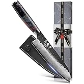 7 Inch Japanese Chef knife, 67 Layers Damascus Chef Knife with VG10 Steel Core, Professional Santoku Kitchen Knives with Ergonomic Handle, Leather Sheath & Luxury Gift Box, Cooking Gifts for Men