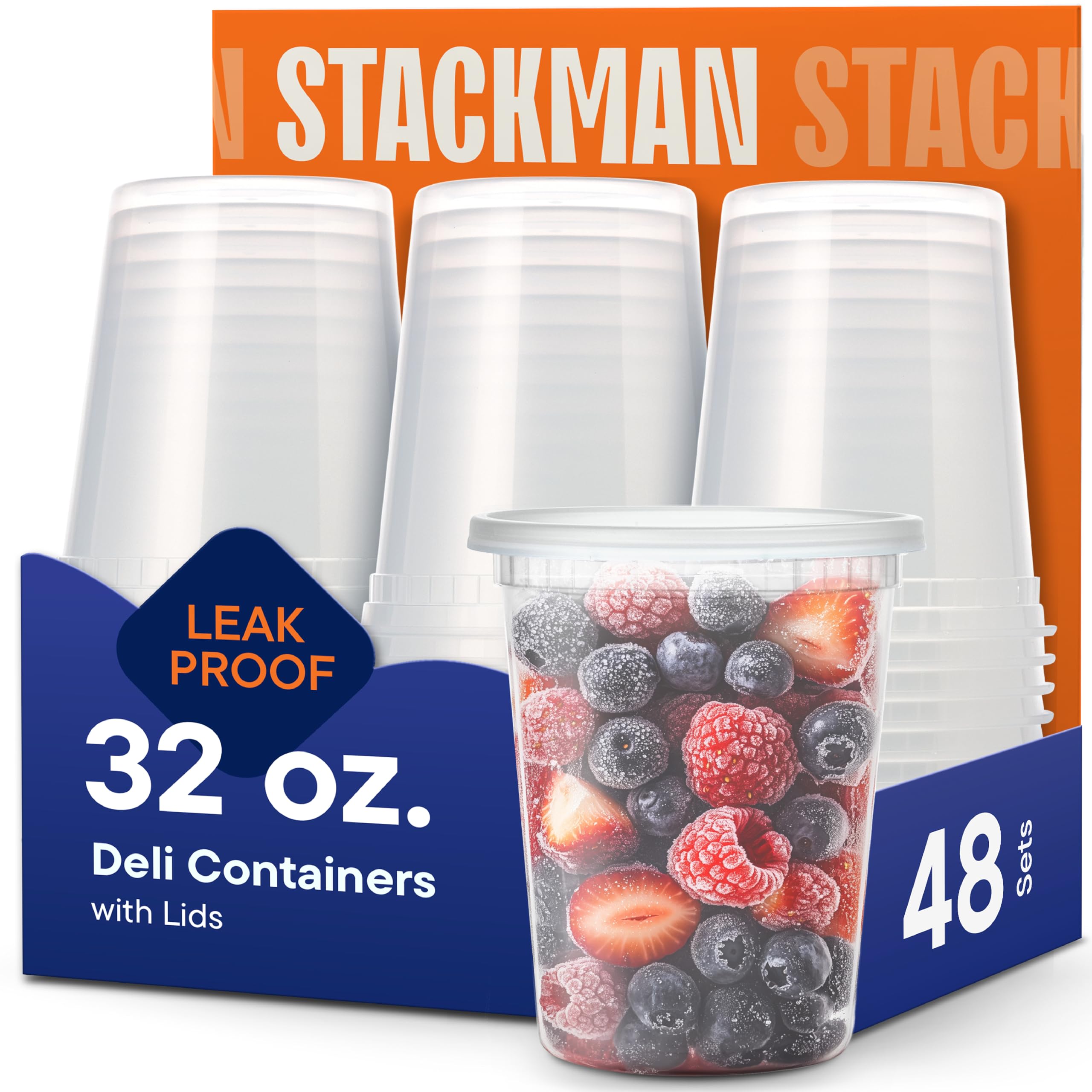 Photo 1 of Stack Man [48 Sets - 32 oz. Plastic Deli Disposable Food Storage Containers with Airtight Lids