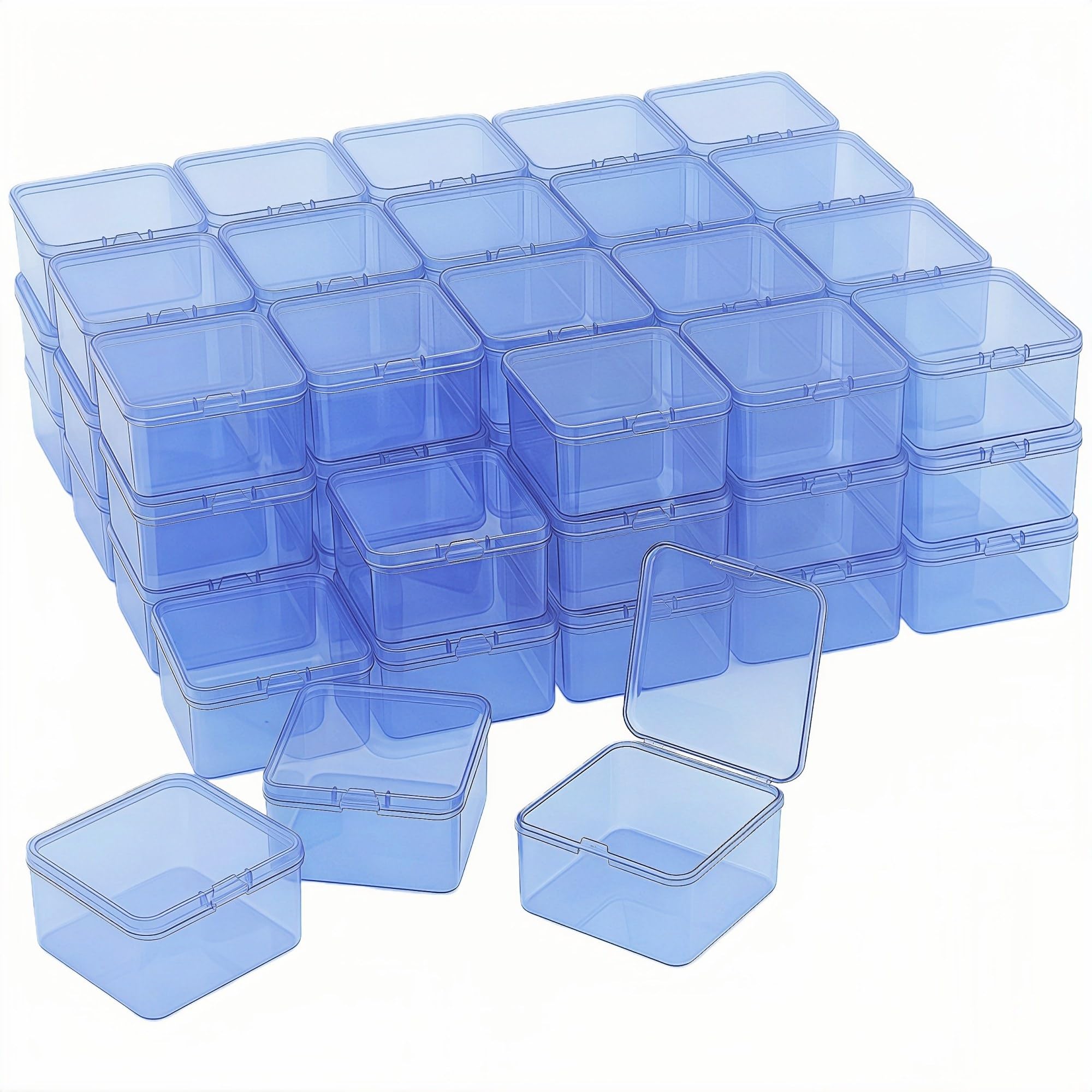 LJY 60 Pack Small Blue Plastic Boxes with Hinged Lid 6.5 x 6.5 x 3.5 cm – Square Small Storage Box for Diamond Art Accessories, Beads, DIY Craft Storage and Hardware Organiser