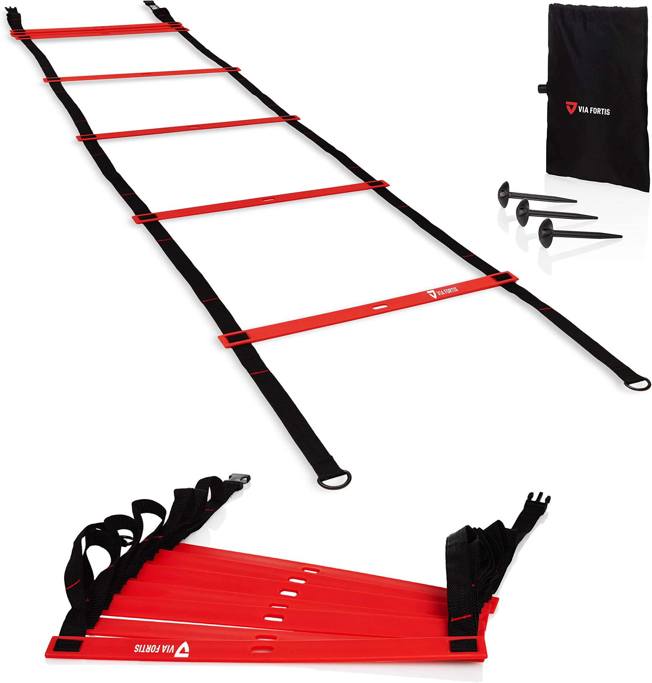 VIA FORTIS Premium Training Ladder (6 m) – Coordination Ladder for Functional Training Ball, Football, Basketball, Tennis and More – 2 Agility Ladder with Marked Straps, Tent Pegs and Bag