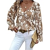 MakeMeChic Women's Floral V Neck Blouse Tops Bell Sleeve Button Down Tie Front Shirt