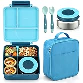 Bento Lunch Box Set for Kids with 8oz Soup Thermo, Leak-Proof Lunch Containers with 4 Compartment, Kids Thermo Hot Food Jar and Insulated Lunch Bag for Kid to School-Blue