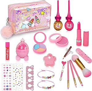 SunnyMemory Real Kids Makeup kit for Girls, 22PCS Non-Toxic Washable Kids Makeup Toy Set for Princess Little Girls Toddlers for Halloween Christmas Birthday Party Play Game Gold