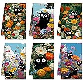 Redbaker 6 Pcs Black Cat Kitchen Towels Retro Wildflower Floral Dish Towel Cute Kitty Absorbent Kitchen Hand Tea Dishcloth with Hanging Loop for Cat Lover Bathroom Home Housewarming Gift