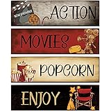 Movie Theater Decor 4 Pieces Wooden Home Theater Decor Vintage Movie Theater Decor for Home Popcorn Enjoy Film Classic Decor 