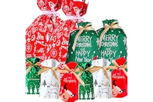 Funnlot Christmas Drawstring Gift Bags 32PCS in 7 Styles Christmas Wrapping Bags Xmas Treats Bags Christmas Party Favor Pouch Goody Sweet Treat Candy Bags with Ribbon Ties Christmas Gift Bags Drawstring