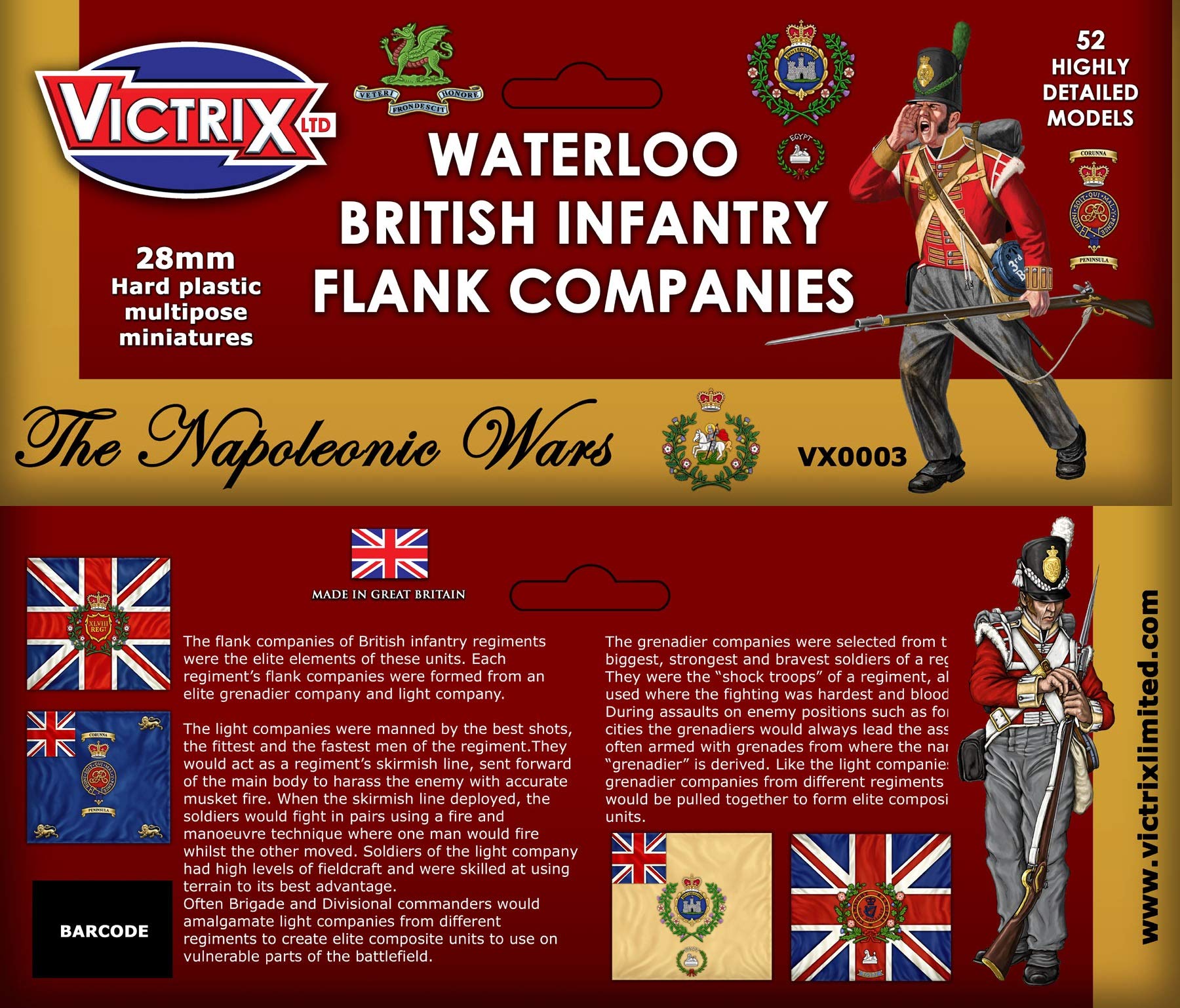 Victrix VX0003 - Waterloo British Infantry Flank Companies - 52 Figure Box Set With Flags - 28mm Plastic Miniatures Napoleonic