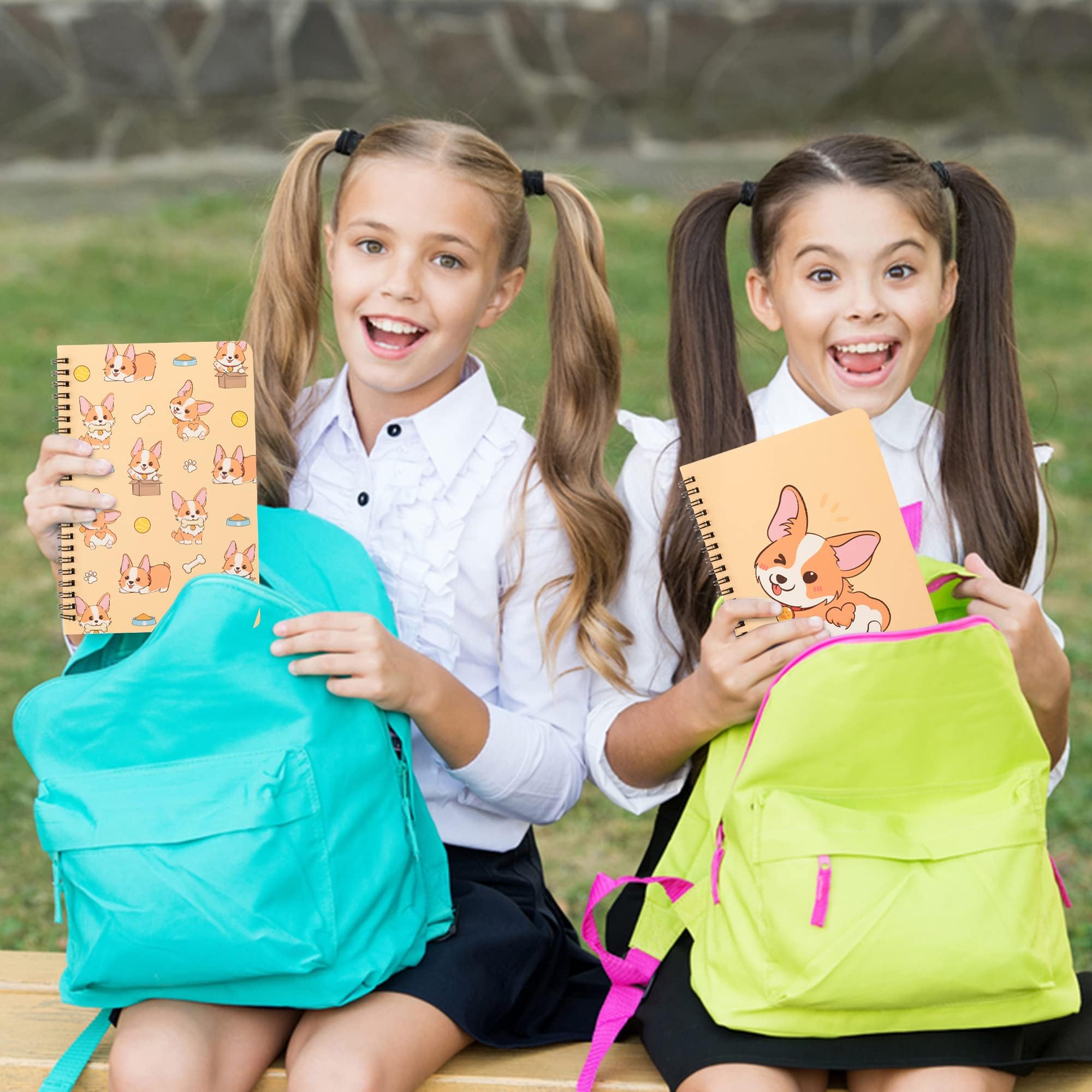 L1rabe 2 A5 Corgi Spiral Notebooks Back to School Cute Funny Dog Ruled Notepads First Day of School Yellow Dog Exercise Book Hardcover Spiral Travel Drawing Journal Diary for Kids Teen (Playing Corgi)