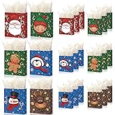 Cholemy 24 Pcs Christmas Gift Bags with Tissue Paper 12.2 x 4.7 x 10.2 Inches Large Christmas Kraft Paper Treat Bags with Handles Holiday Party Favors Supplies