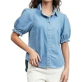Ladyful Womens Denim Shirt Button Down Puff Short Sleeve Jean Work Blouses Chambray Babydoll Summer Tops