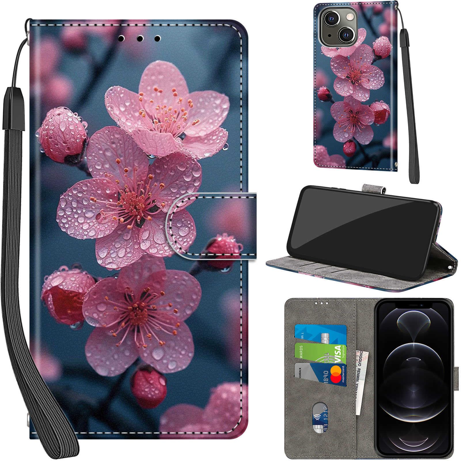 Salanheo Case Wallet for iPhone 13 / iPhone 14, with [3 Card Slots], Kickstand Magnetic Closure PU Leather Shockproof Protective Flip Cover 6.1", Peach Blossom