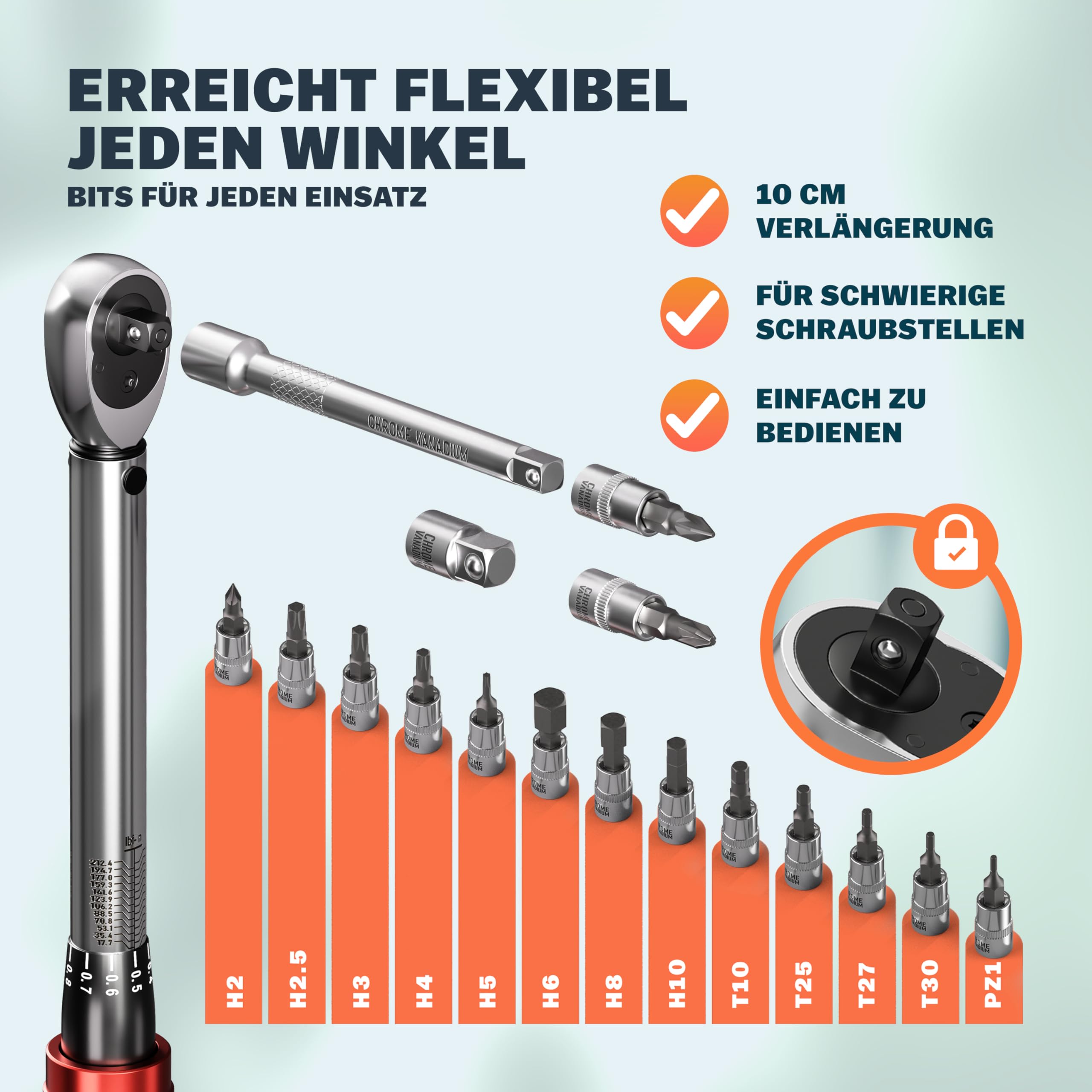 Monzana® Drehmomentschlüssel Fahrrad 18 tlg. Set 1/4 Zoll 1-25 NM ±3% CV-Stahl Verlängerung Transportbox Hochwertiges Bitset Werkzeug Motorrad 4