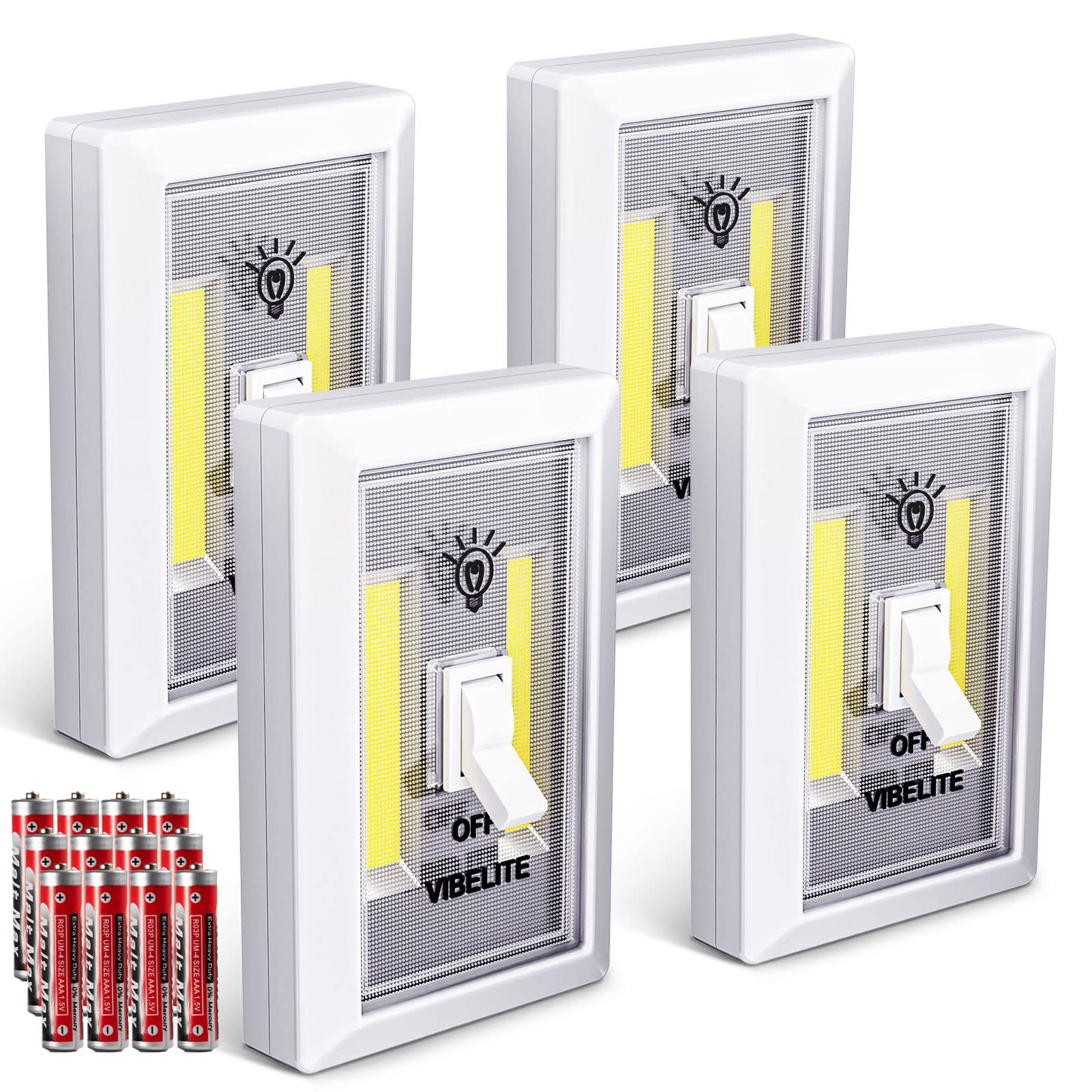 Photo 1 of LED Night Light Switch, 12 Total Batteries Included, 200 Lumen Wireless COB LED Switch Light, Under Cabinet, Shelf, Closet, Garage, Kitchen, Stairwell and Emergency, Battery Operated, 4 Pack