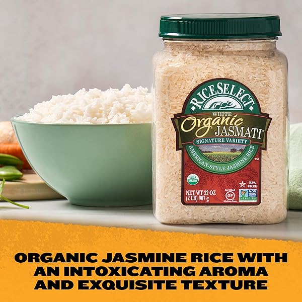 RICESELECT ORGANIC JASMATI WHITE RICE FOR ASIAN-FOOD-INSPIRED RECIPES, PREMIUM NON-GMO GLUTEN-FREE LONG-GRAIN JASMINE RICE, 32-OUNCE JAR