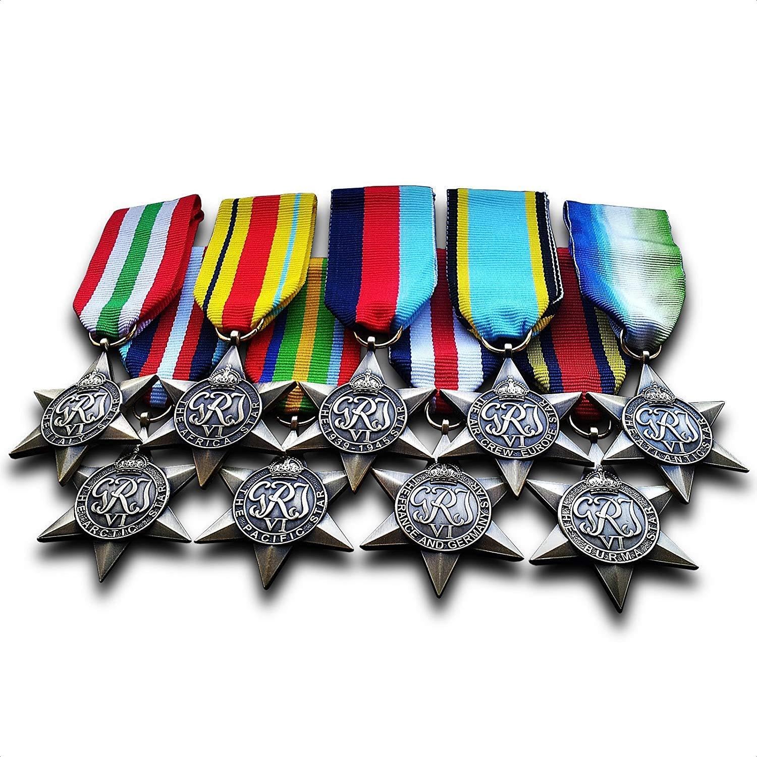 9x Complete British Military Medal Group Set 1939-45 star, Air crew Europe Star, France and Germany Star, Africa Star, Arctic Star, Pacific Star, Italy Star, Burma Star, Atlantic star Repro