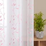 Deconovo Top Ring Leaf Embroidery Net Curtains 2 Panels Pink 55x72 Drop view 5