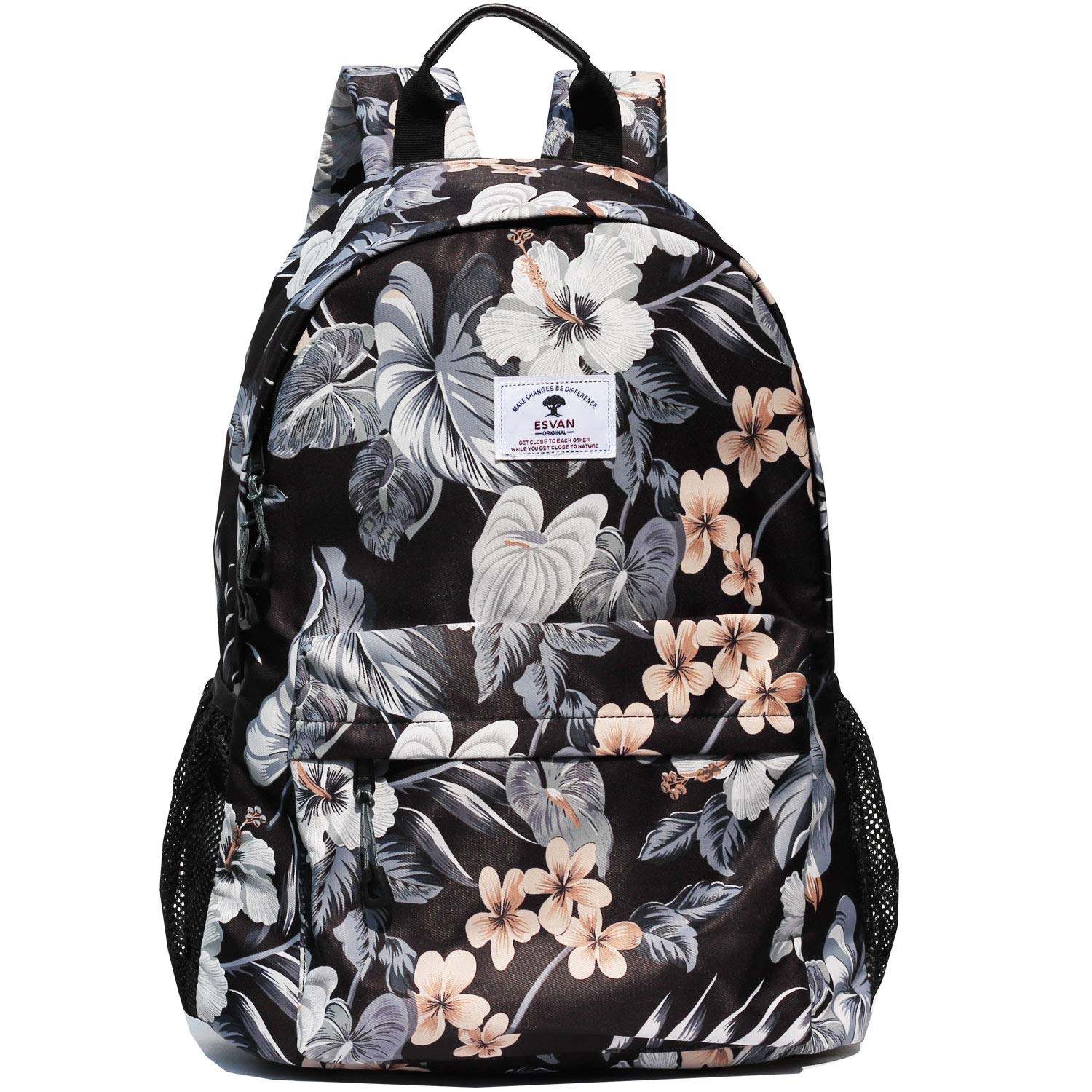 Forever cultivate Original Floral Leaf Travel Backpack,Waterproof Gym Backpack Suitable for Travel, Gym, School, Shopping, Yoga, Hiking, Beach (Black&Gray Flower)