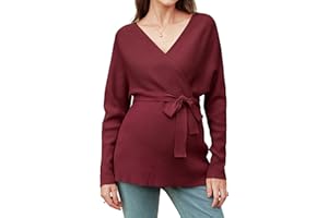 OUGES Womens Soft Cotton Blend Maternity Sweater Wrap V Neck Long Sleeve V Back Fall Shirts Pregnancy Outfits with Belt