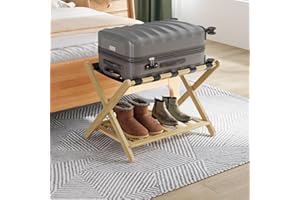 Smuxee Fully Assembled Luggage Rack for Guest Room, Upgraded Bamboo Foldable Suitcase Stand with 5 Nylon Straps, Nature Luggage Holder with Shelf for Bedroom Hotel (Nature Luggage Rack 1pcs)