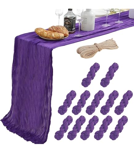 12 Pack Dark Purple Cheesecloth Table Runners - 10ft Boho Rustic Wedding Party Table Decor
