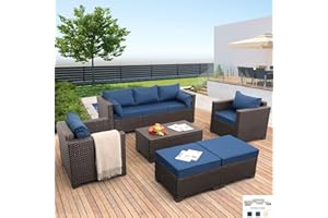 Rattan Star 6 Pieces Patio Outdoor Furniture Conversation Sets Patio Wicker Sofa Set with Outdoor Couch Patio Chairs and Storage Table Non-Slip Cushions Waterproof Covers, Navy Blue