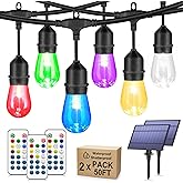 Larkvue 100FT(2x50FT) RGB Solar Outdoor String Lights with Remote, Multicolor&Warm White Dimmable Waterproof Patio Lights with 30 LED S14 Bulbs-Black