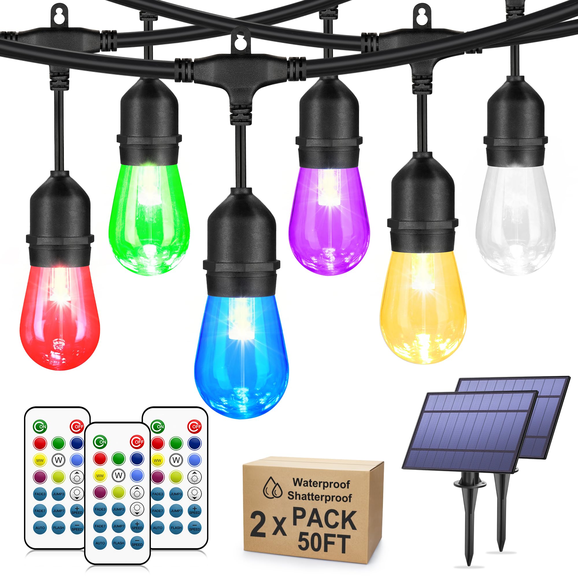 Photo 1 of ** A PANEL IS MISSING ** 100FT(2x50FT) RGB Solar Outdoor String Lights with Remote, Multicolor&Warm White Dimmable Waterproof Patio Lights with 30 LED S14 Bulbs-Black