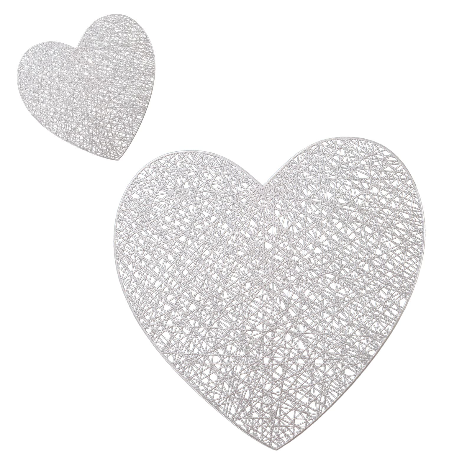 INIFLM Love Heart Placemats and Matching Coaster Set of 6, Heart Shape Dining Table Mat Non Slip Washable Valentines Day Table Decor for Anniversary Party Supplies, Silver, 12 Pcs