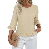 siliteelon Womens 3/4 Sleeve Tops Summer Ruffle Dressy Casual Blouses | Loose-Fit Crew Neck Flowy Tops Summer Spring Fall Blouses Peplum 2026 Trendy Cute Boho Western Petite Shirts Work Clothes
