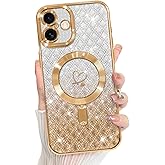 Bonoma Compatible with iPhone 17 Case 2025 Support for MagSafe, Plating Heart Glitter Magnetic Checkered Case TPU Camera Protection Back Cover for Girls Women -Gold