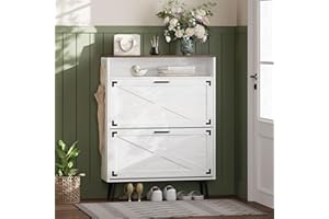 ZYKZYK Shoe Storage Cabinet with 2 Flip Drawers Narrow Shoe Rack Cabinet Farmhouse Design Freestanding Shoe Organizer with Open Storage for Entryway,Hallway,Foyer,White Walnut