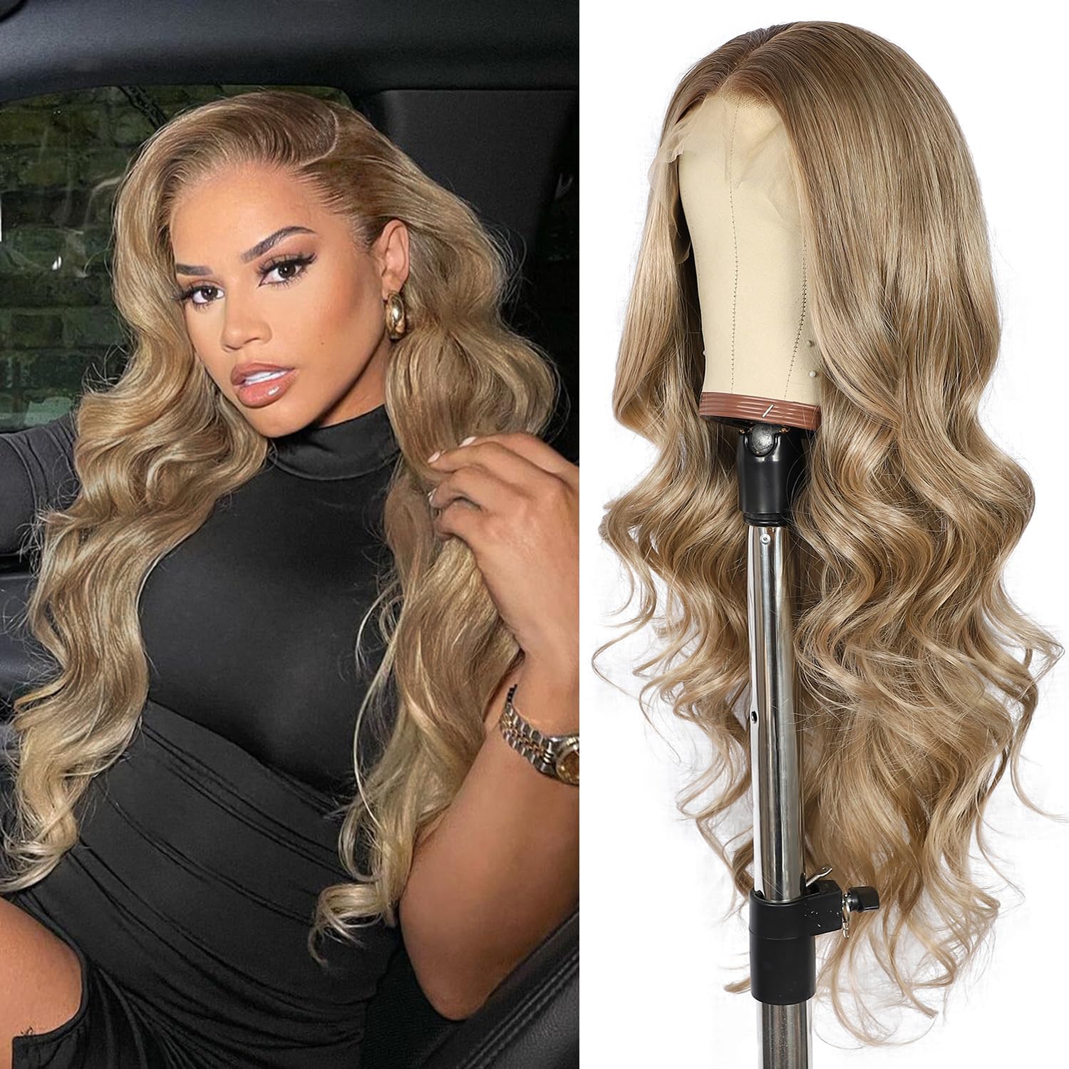 SOMIARIK 13x4 Hightlight Ash Blonde long wavy lace front wig for Women Pre-plucked With Baby Hair Middle Part Ombre Ash Blonde Wig Long Heat Resistant Hair Synthetic Wigs for Daily Party Wig 26 Inch — image 1
