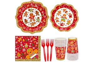 BFUN Christmas Gingerbread Party Supplies Serves 24 Party Tableware Disposable Dinner Plates,Dessert Plates,Paper Cups,Xmas Napkins,Forks,Christmas Party Dinnerware Gingerbread Theme For Xmas Celebration