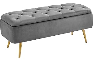Yaheetech Ottoman with Storage, Velvet Entryway Bench with Safety Hinge, Upholstered Bench with Seating for Bedroom, Living Room, Holds up to 519 lb, Gray