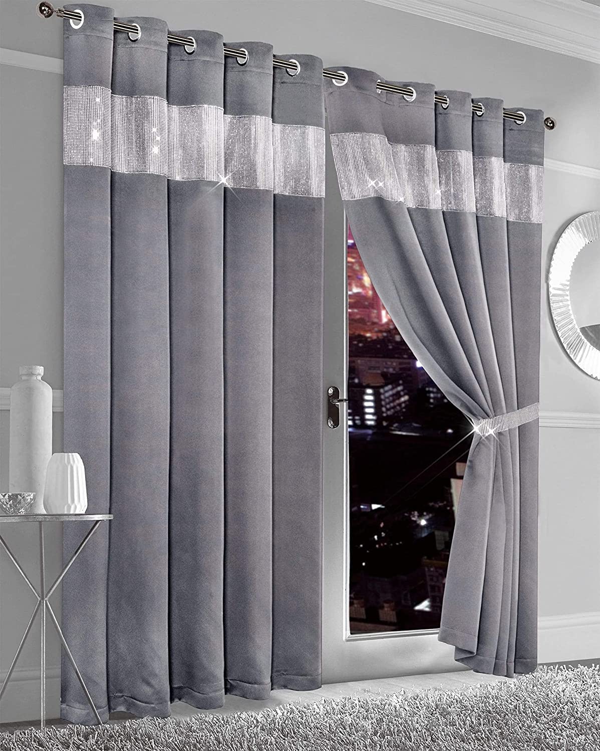 Olivia Rocco Diamante Blackout Eyelet Curtains With Tie Backs Black Out Thermal Ring Top Curtain Pair Window Dressing, 66" (Width) x 72" (Drop) Silver